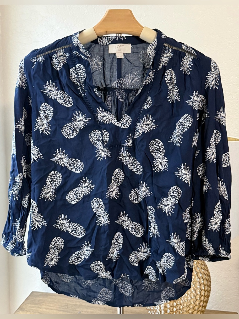5 for $20 Deal- LOFT Navy Pineapple Print Split-Neck Blouse- Size XXSP